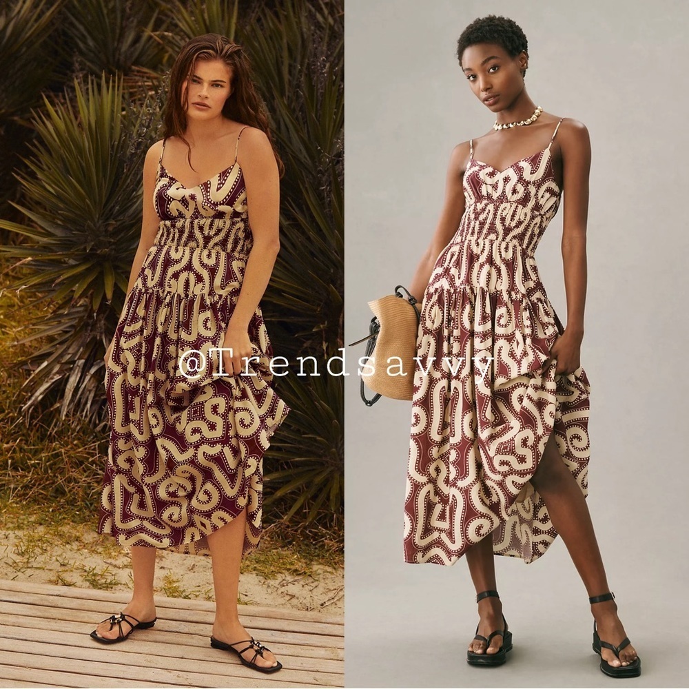 Anthropologie Moon River Burgundy Abstract Print Smocked Midi Dress Resort Small